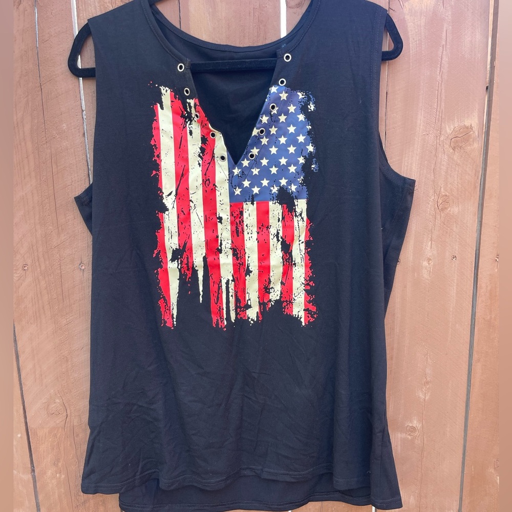 Black Sleeveless Top with American Flag Design